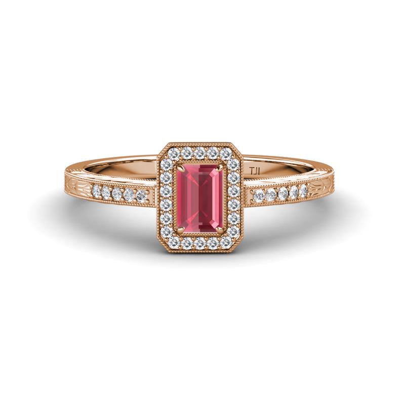 Wanda Desire Emerald Cut 6x4 mm Rhodolite Garnet and Round Diamond Leaf Engraved Halo Engagement Ring 