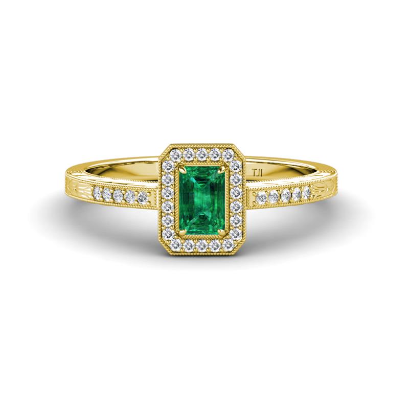 Wanda Desire Emerald Cut 6x4 mm Emerald and Round Diamond Leaf Engraved Halo Engagement Ring 