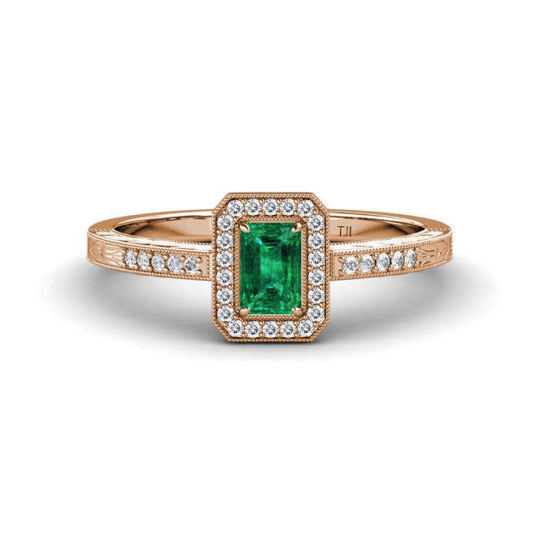 Wanda Desire Emerald Cut 6x4 mm Emerald and Round Diamond Leaf Engraved Halo Engagement Ring 