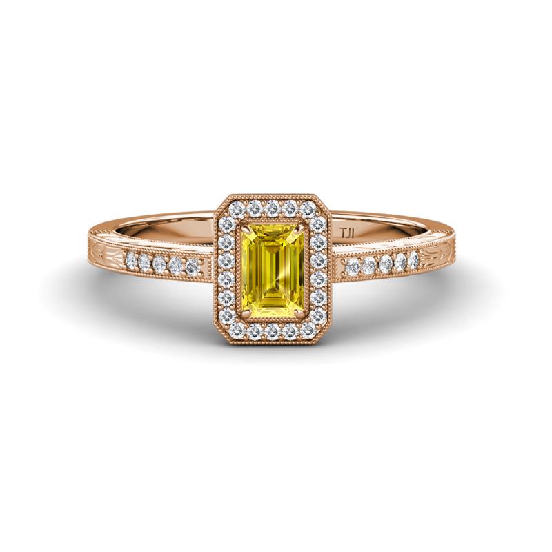 Wanda Desire Emerald Cut 6x4 mm Yellow Sapphire and Round Diamond Leaf Engraved Halo Engagement Ring 