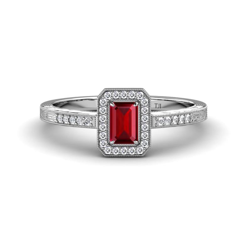 Wanda Desire Emerald Cut 6x4 mm Ruby and Round Diamond Leaf Engraved Halo Engagement Ring 