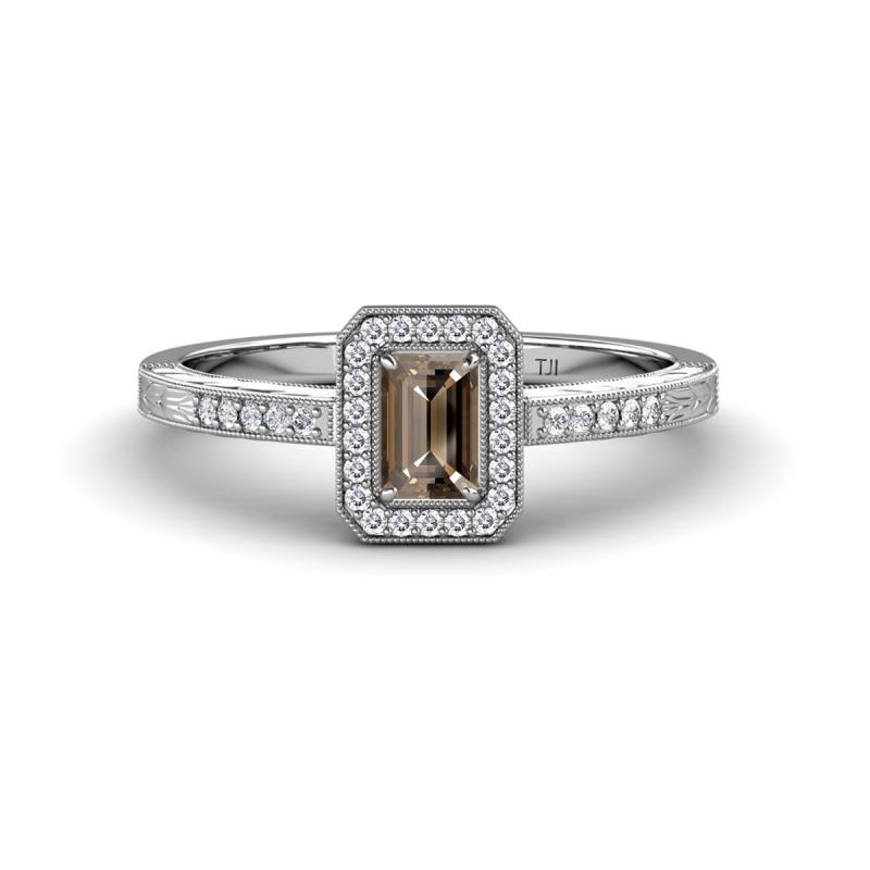 Wanda Desire Emerald Cut 6x4 mm Smoky Quartz and Round Diamond Leaf Engraved Halo Engagement Ring 