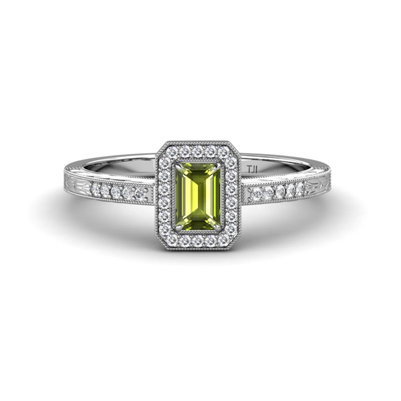 Wanda Desire Emerald Cut 6x4 mm Peridot and Round Diamond Leaf Engraved Halo Engagement Ring 