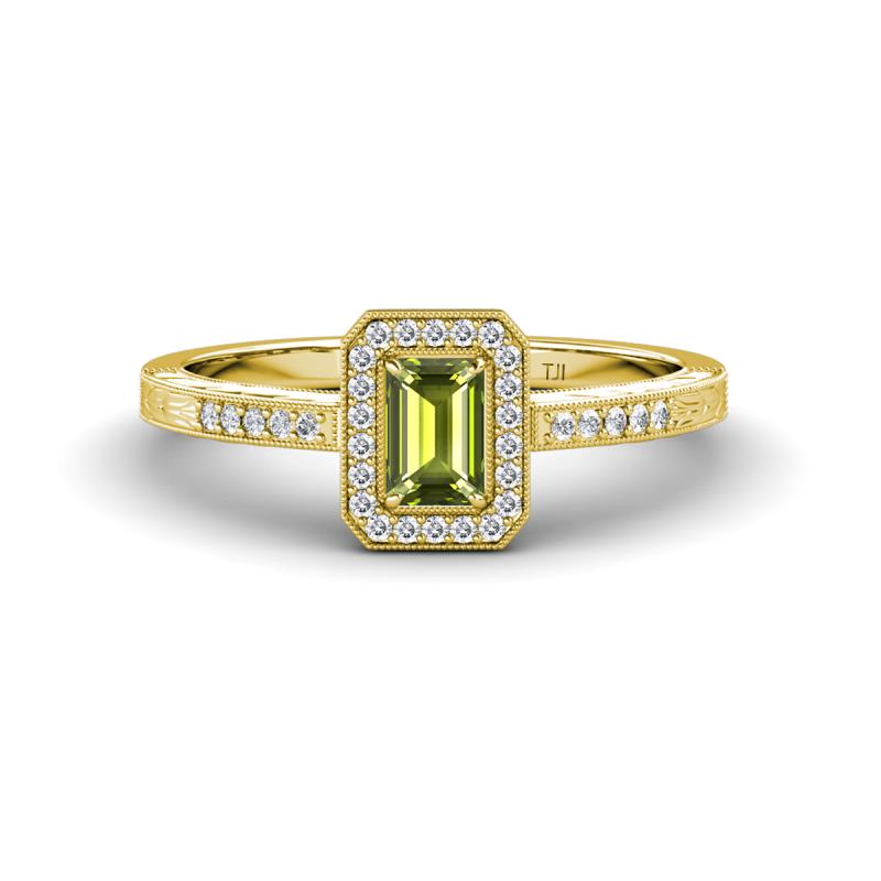 Wanda Desire Emerald Cut 6x4 mm Peridot and Round Diamond Leaf Engraved Halo Engagement Ring 