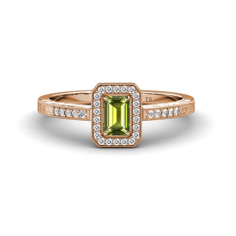 Wanda Desire Emerald Cut 6x4 mm Peridot and Round Diamond Leaf Engraved Halo Engagement Ring 