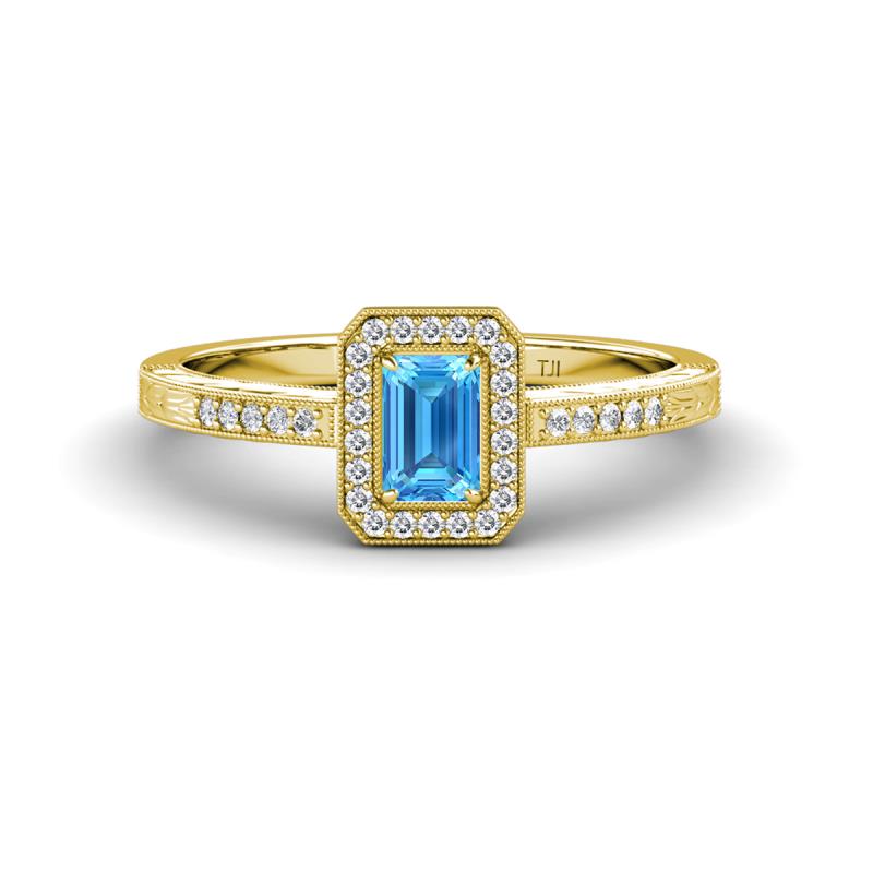 Wanda Desire Emerald Cut 6x4 mm Blue Topaz and Round Diamond Leaf Engraved Halo Engagement Ring 