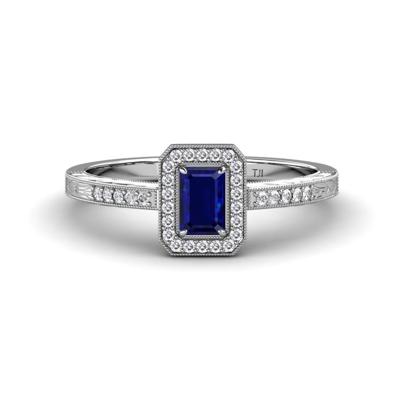 Wanda Desire Emerald Cut 6x4 mm Blue Sapphire and Round Diamond Leaf Engraved Halo Engagement Ring 