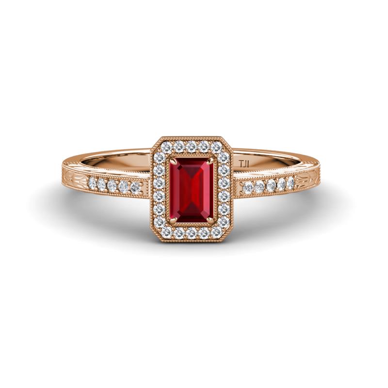 Wanda Desire Emerald Cut 6x4 mm Ruby and Round Diamond Leaf Engraved Halo Engagement Ring 