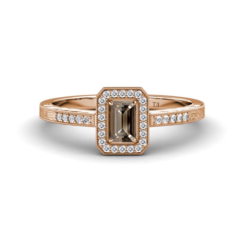 Wanda Desire Emerald Cut 6x4 mm Smoky Quartz and Round Diamond Leaf Engraved Halo Engagement Ring 