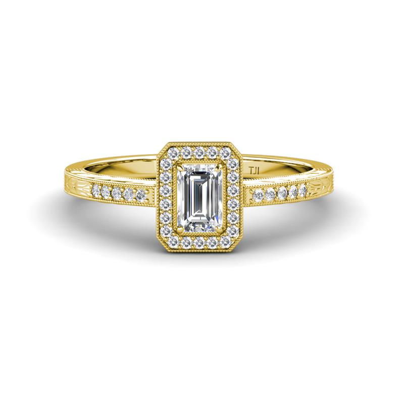 Wanda Desire Emerald Cut 6x4 mm Diamond and Round Diamond Leaf Engraved Halo Engagement Ring 