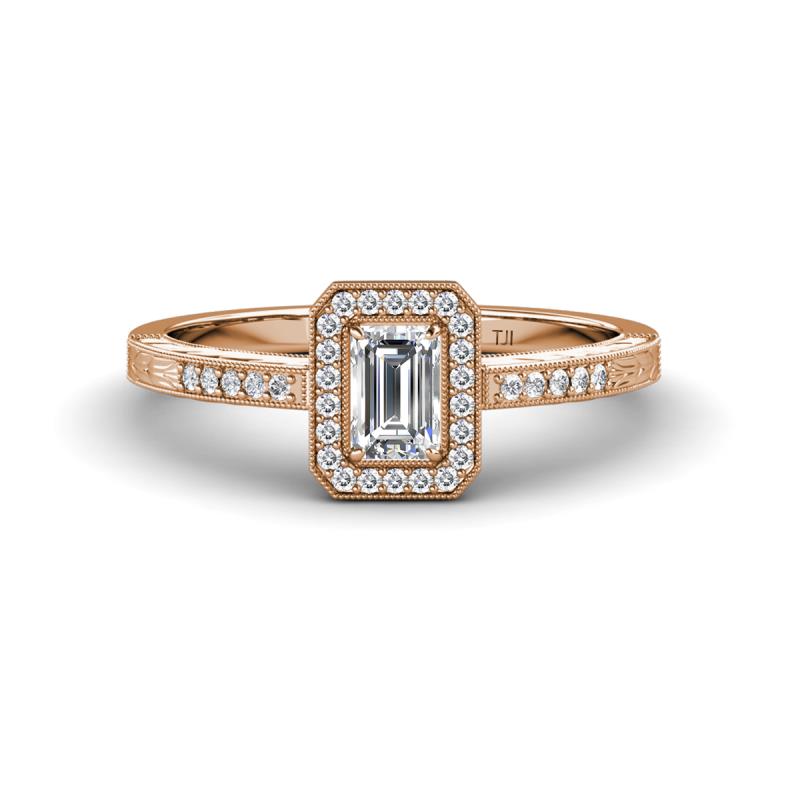 Wanda Desire Emerald Cut 6x4 mm Diamond and Round Diamond Leaf Engraved Halo Engagement Ring 