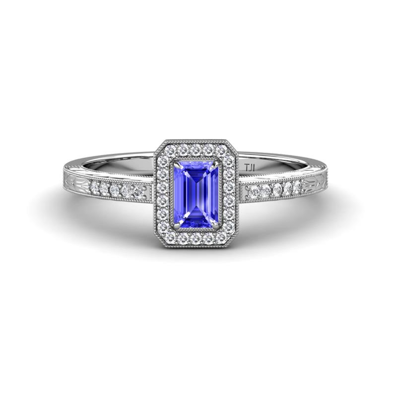 Wanda Desire Emerald Cut 6x4 mm Tanzanite and Round Diamond Leaf Engraved Halo Engagement Ring 
