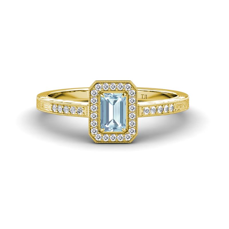 Wanda Desire Emerald Cut 6x4 mm Aquamarine and Round Diamond Leaf Engraved Halo Engagement Ring 