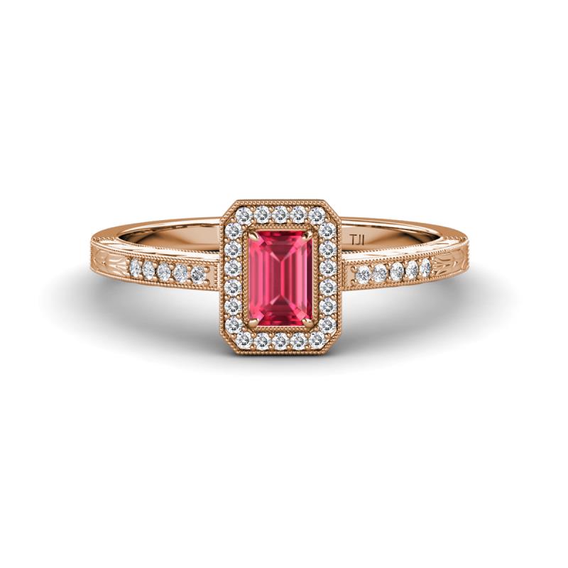 Wanda Desire Emerald Cut 6x4 mm Pink Tourmaline and Round Diamond Leaf Engraved Halo Engagement Ring 