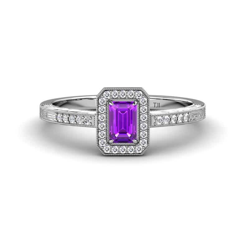 Wanda Desire Emerald Cut 6x4 mm Amethyst and Round Diamond Leaf Engraved Halo Engagement Ring 