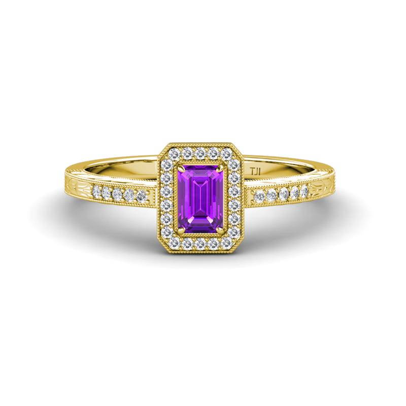 Wanda Desire Emerald Cut 6x4 mm Amethyst and Round Diamond Leaf Engraved Halo Engagement Ring 