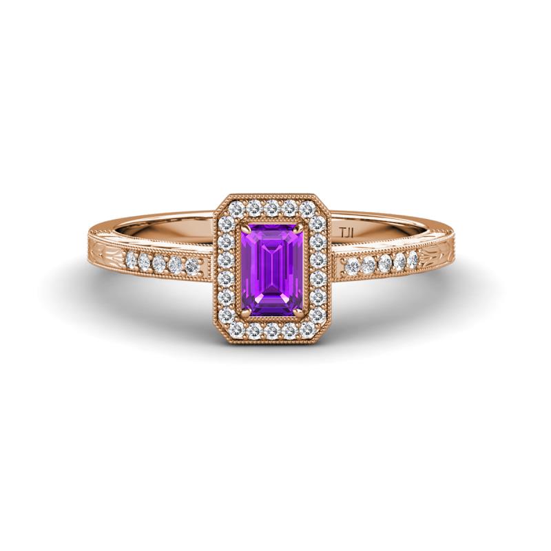 Wanda Desire Emerald Cut 6x4 mm Amethyst and Round Diamond Leaf Engraved Halo Engagement Ring 