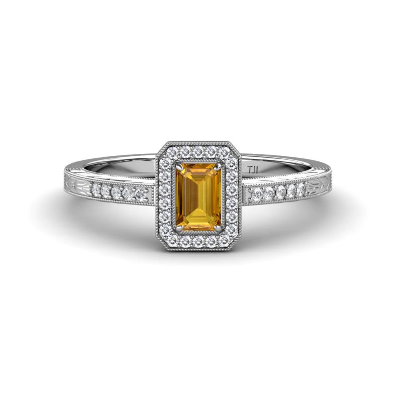 Wanda Desire Emerald Cut 6x4 mm Citrine and Round Diamond Leaf Engraved Halo Engagement Ring 