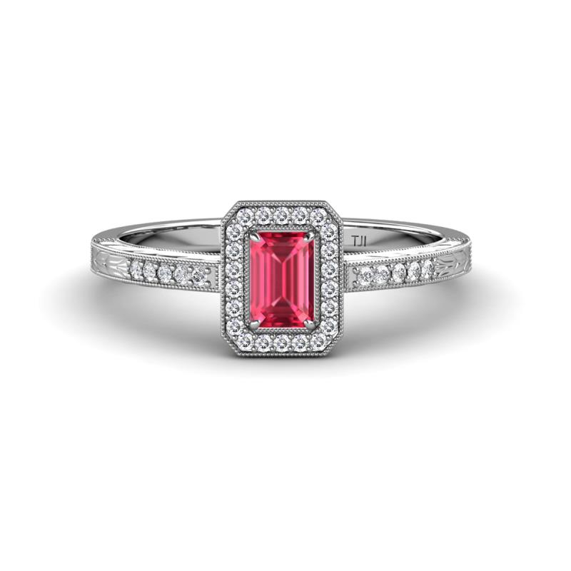 Wanda Desire Emerald Cut 6x4 mm Pink Tourmaline and Round Diamond Leaf Engraved Halo Engagement Ring 