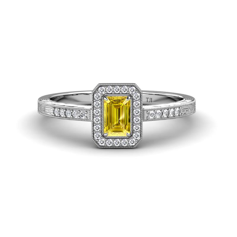 Wanda Desire Emerald Cut 6x4 mm Yellow Sapphire and Round Diamond Leaf Engraved Halo Engagement Ring 
