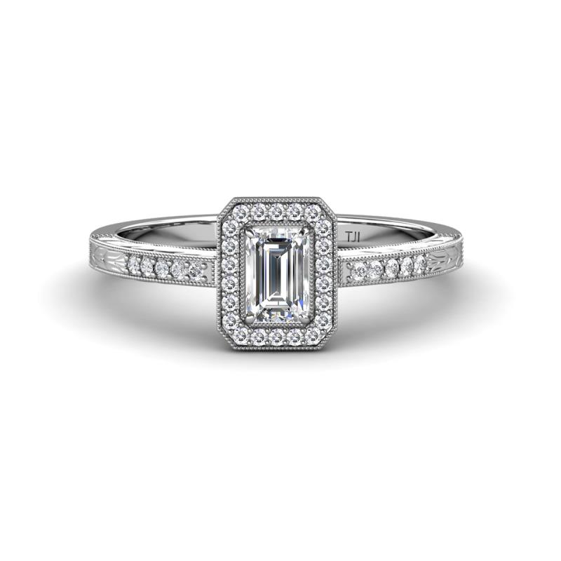 Wanda Desire Emerald Cut 6x4 mm Lab Grown Diamond and Round Diamond Leaf Engraved Halo Engagement Ring 