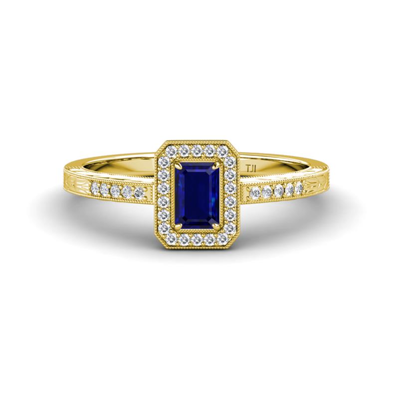 Wanda Desire Emerald Cut 6x4 mm Blue Sapphire and Round Diamond Leaf Engraved Halo Engagement Ring 