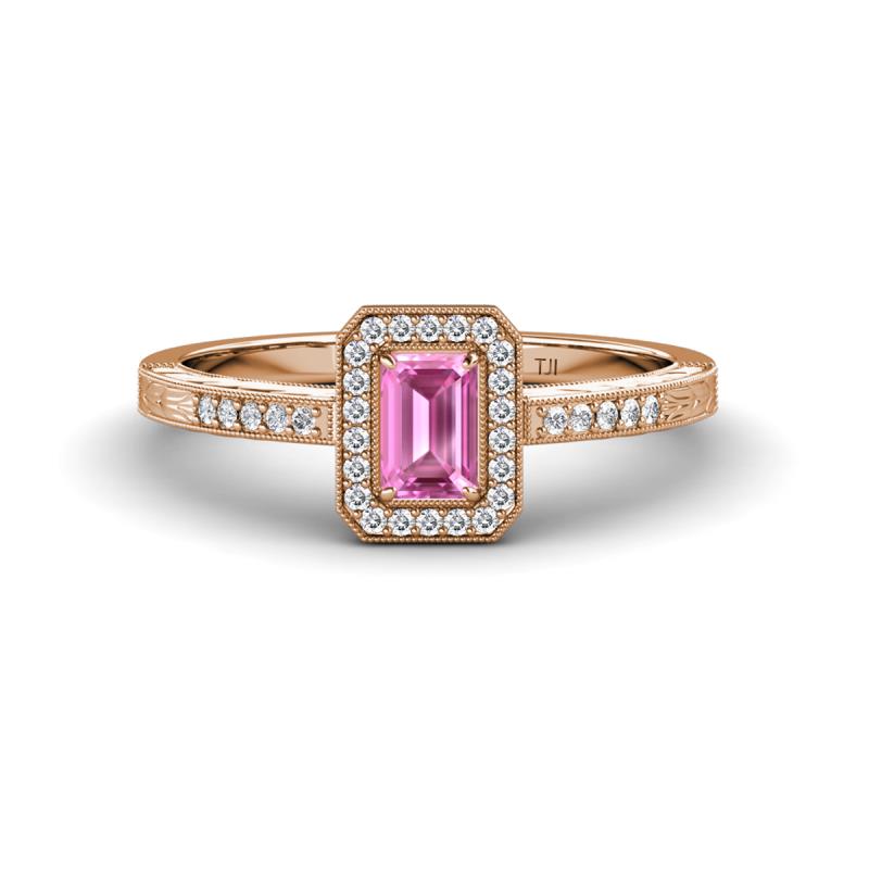 Wanda Desire Emerald Cut 6x4 mm Pink Sapphire and Round Diamond Leaf Engraved Halo Engagement Ring 