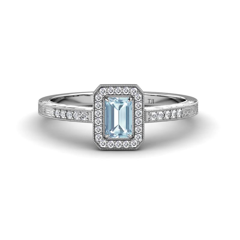 Wanda Desire Emerald Cut 6x4 mm Aquamarine and Round Diamond Leaf Engraved Halo Engagement Ring 