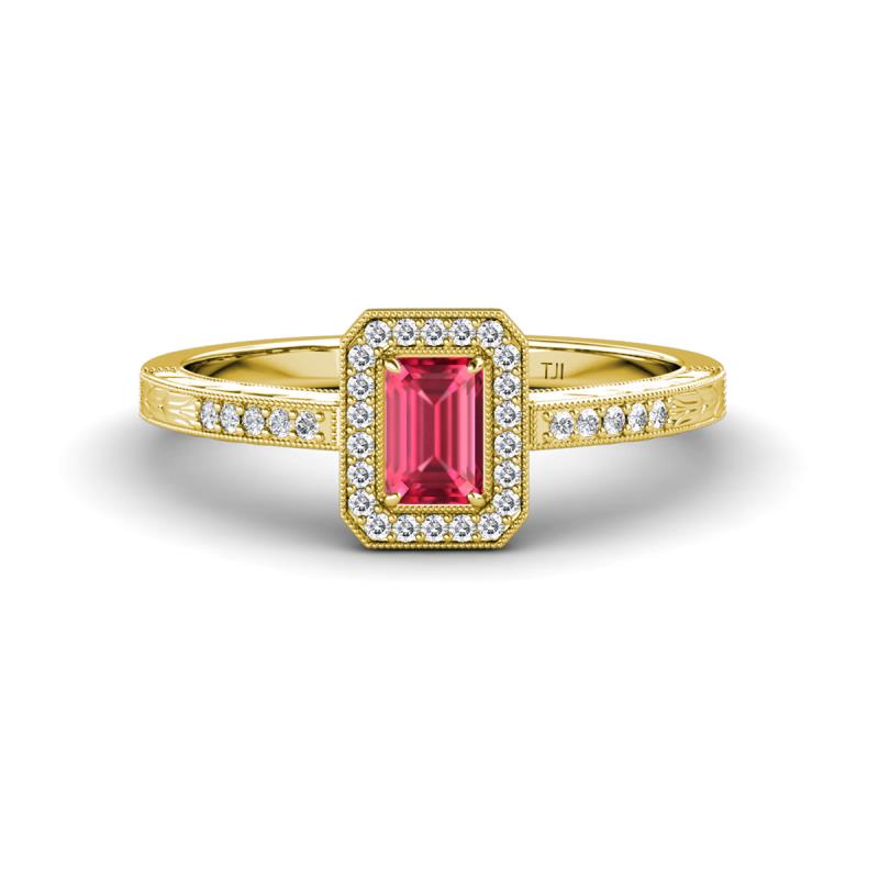 Wanda Desire Emerald Cut 6x4 mm Pink Tourmaline and Round Diamond Leaf Engraved Halo Engagement Ring 