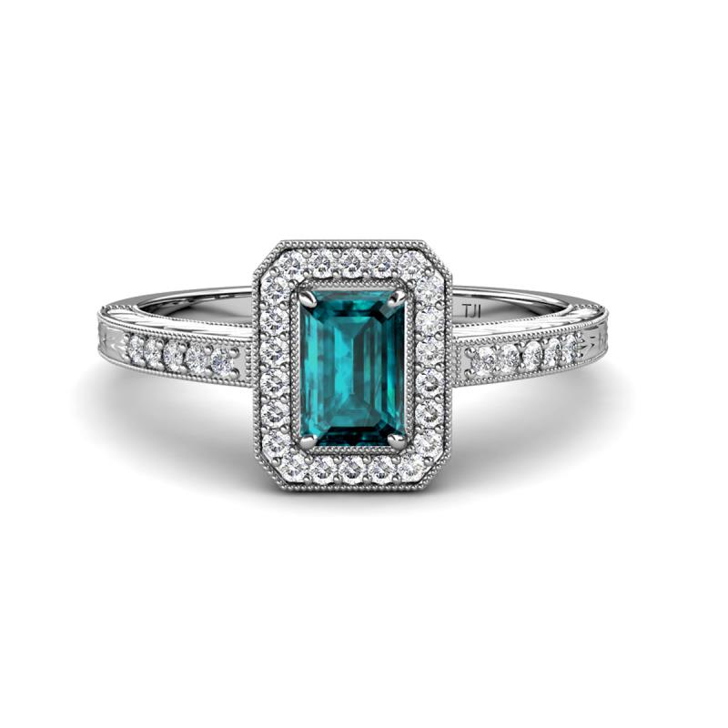 Wanda Desire Emerald Cut 7x5 mm London Blue Topaz and Round Diamond Leaf Engraved Halo Engagement Ring 