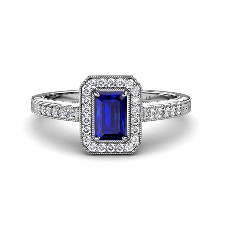 Wanda Desire Emerald Cut 7x5 mm Blue Sapphire and Round Diamond Leaf Engraved Halo Engagement Ring 