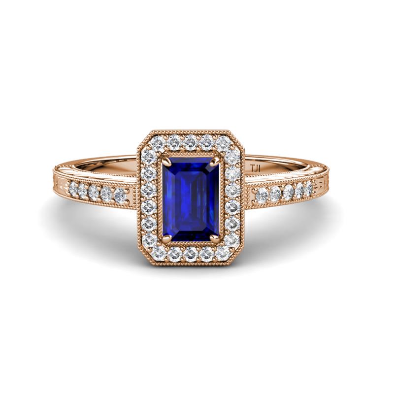 Wanda Desire Emerald Cut 7x5 mm Blue Sapphire and Round Diamond Leaf Engraved Halo Engagement Ring 