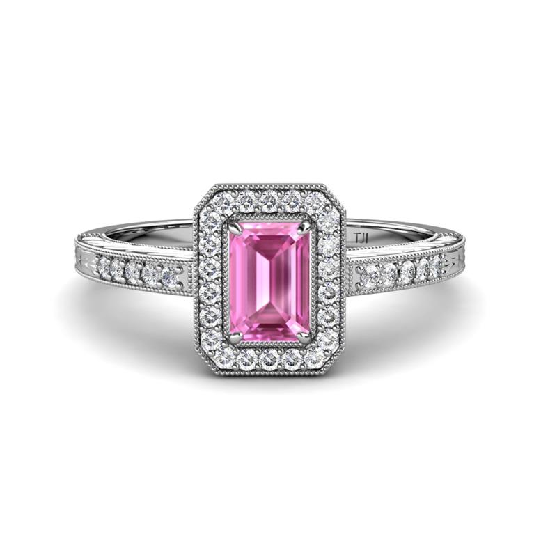 Wanda Desire Emerald Cut 7x5 mm Pink Sapphire and Round Diamond Leaf Engraved Halo Engagement Ring 