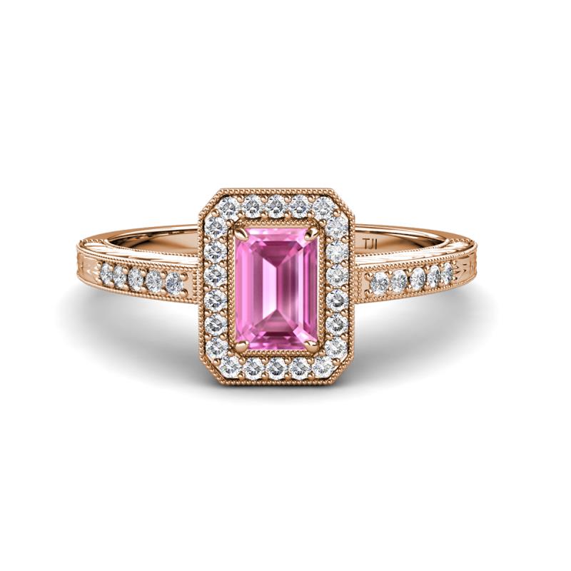 Wanda Desire Emerald Cut 7x5 mm Pink Sapphire and Round Diamond Leaf Engraved Halo Engagement Ring 