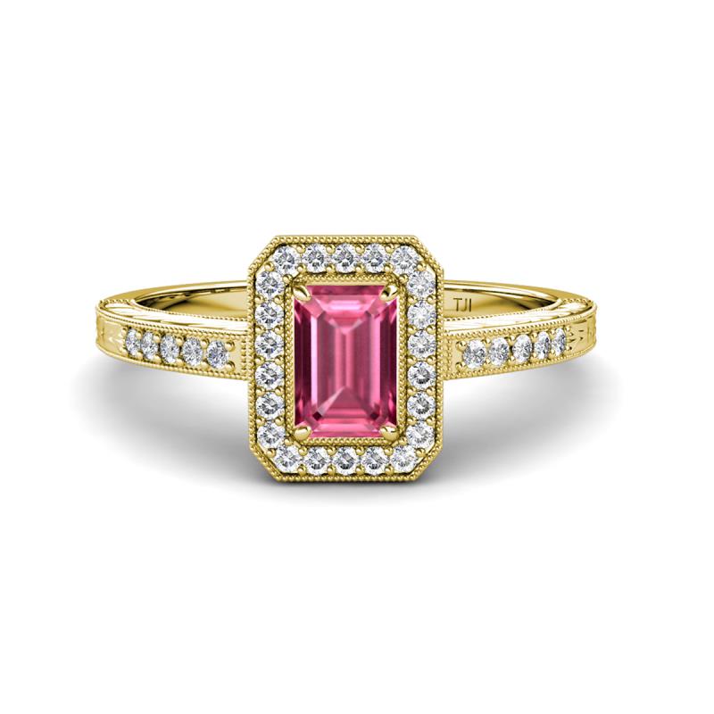 Wanda Desire Emerald Cut 7x5 mm Pink Tourmaline and Round Diamond Leaf Engraved Halo Engagement Ring 