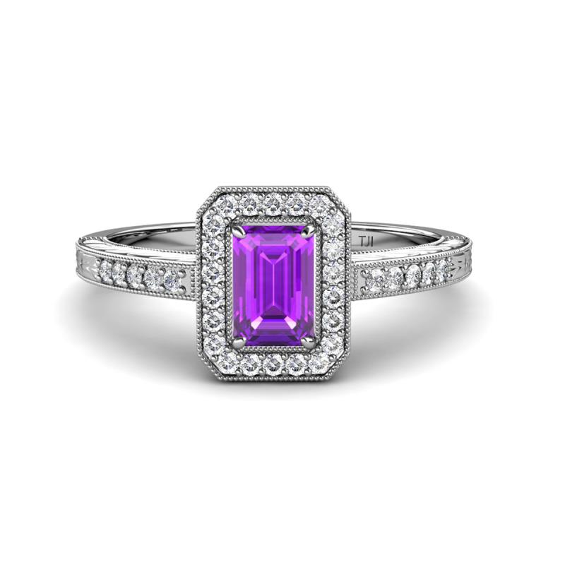 Wanda Desire Emerald Cut 7x5 mm Amethyst and Round Diamond Leaf Engraved Halo Engagement Ring 