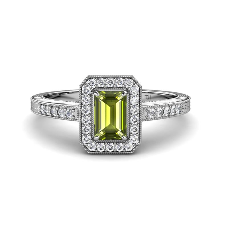 Wanda Desire Emerald Cut 7x5 mm Peridot and Round Diamond Leaf Engraved Halo Engagement Ring 