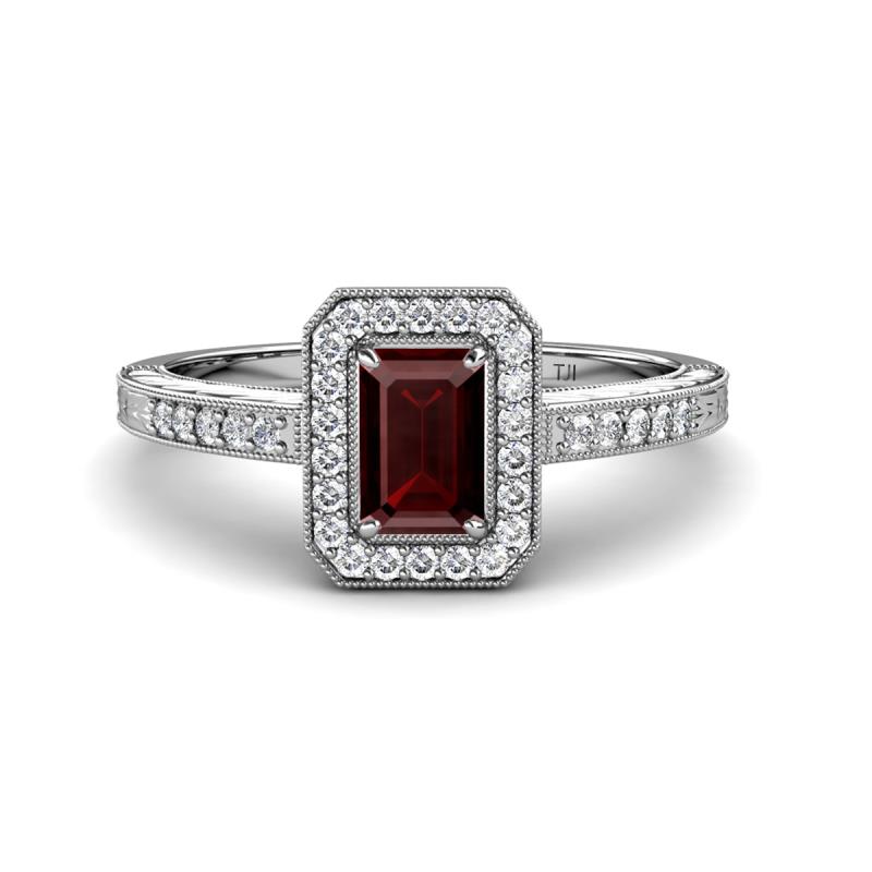 Wanda Desire Emerald Cut 7x5 mm Red Garnet and Round Diamond Leaf Engraved Halo Engagement Ring 