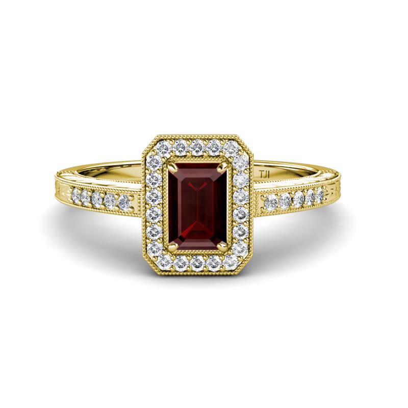 Wanda Desire Emerald Cut 7x5 mm Red Garnet and Round Diamond Leaf Engraved Halo Engagement Ring 