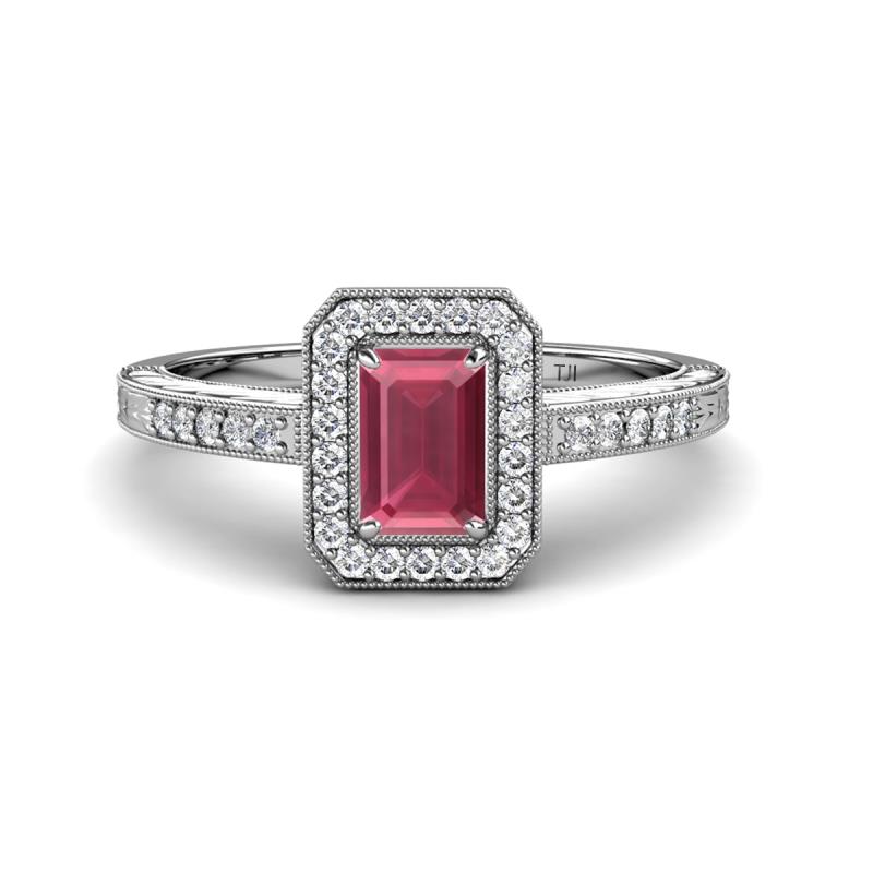 Wanda Desire Emerald Cut 7x5 mm Rhodolite Garnet and Round Diamond Leaf Engraved Halo Engagement Ring 