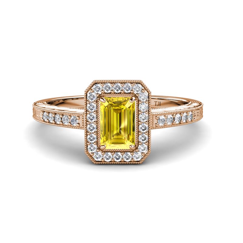Wanda Desire Emerald Cut 7x5 mm Yellow Sapphire and Round Diamond Leaf Engraved Halo Engagement Ring 