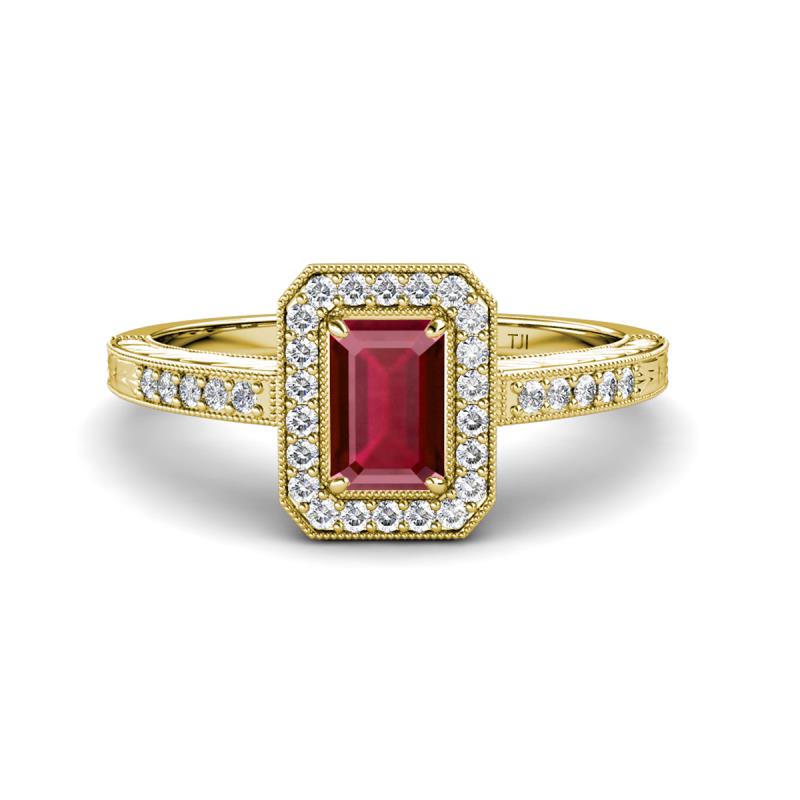 Wanda Desire Emerald Cut 7x5 mm Ruby and Round Diamond Leaf Engraved Halo Engagement Ring 