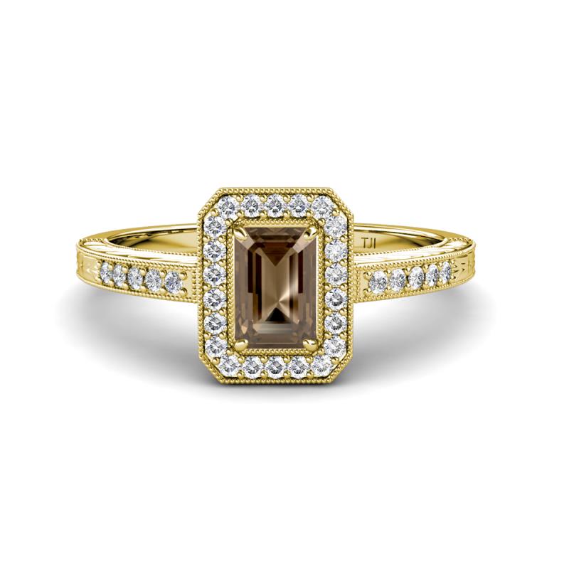 Wanda Desire Emerald Cut 7x5 mm Smoky Quartz and Round Diamond Leaf Engraved Halo Engagement Ring 