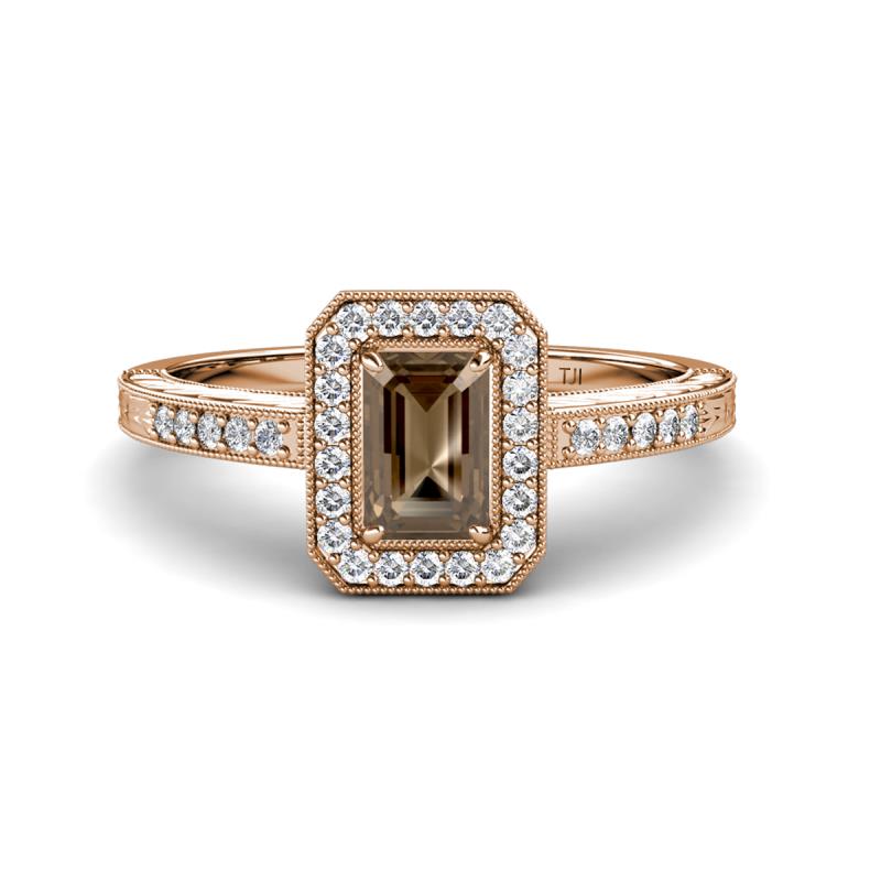 Wanda Desire Emerald Cut 7x5 mm Smoky Quartz and Round Diamond Leaf Engraved Halo Engagement Ring 