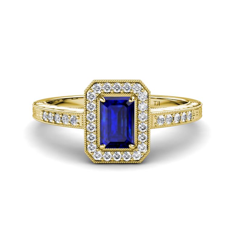 Wanda Desire Emerald Cut 7x5 mm Blue Sapphire and Round Diamond Leaf Engraved Halo Engagement Ring 