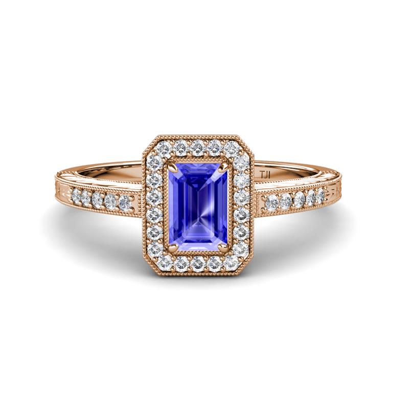 Wanda Desire Emerald Cut 7x5 mm Tanzanite and Round Diamond Leaf Engraved Halo Engagement Ring 