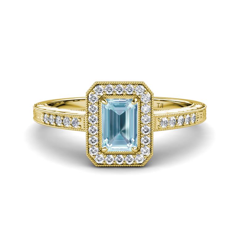 Wanda Desire Emerald Cut 7x5 mm Aquamarine and Round Diamond Leaf Engraved Halo Engagement Ring 