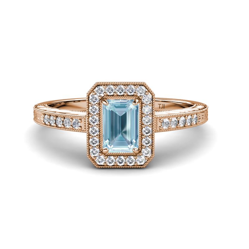 Wanda Desire Emerald Cut 7x5 mm Aquamarine and Round Diamond Leaf Engraved Halo Engagement Ring 