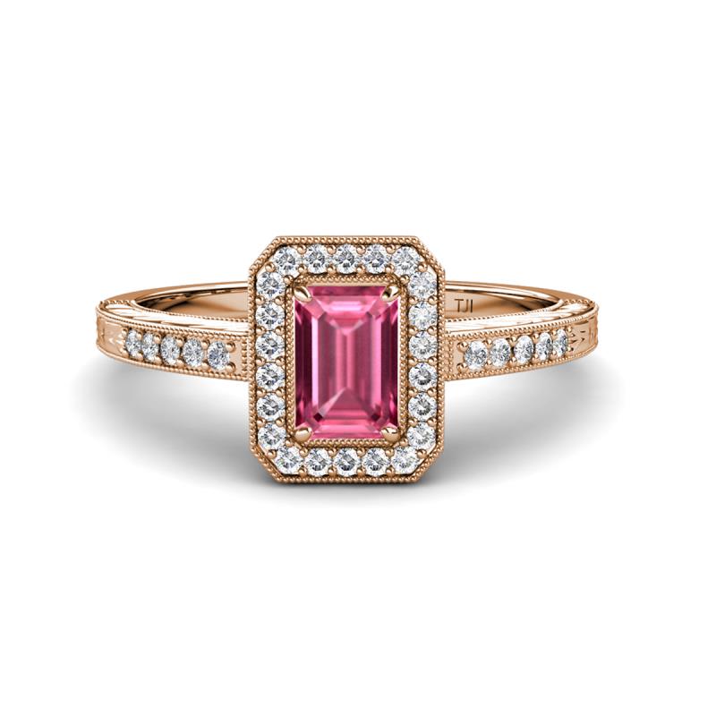 Wanda Desire Emerald Cut 7x5 mm Pink Tourmaline and Round Diamond Leaf Engraved Halo Engagement Ring 