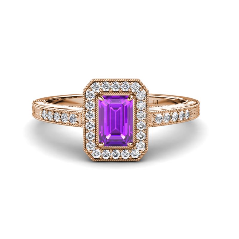 Wanda Desire Emerald Cut 7x5 mm Amethyst and Round Diamond Leaf Engraved Halo Engagement Ring 